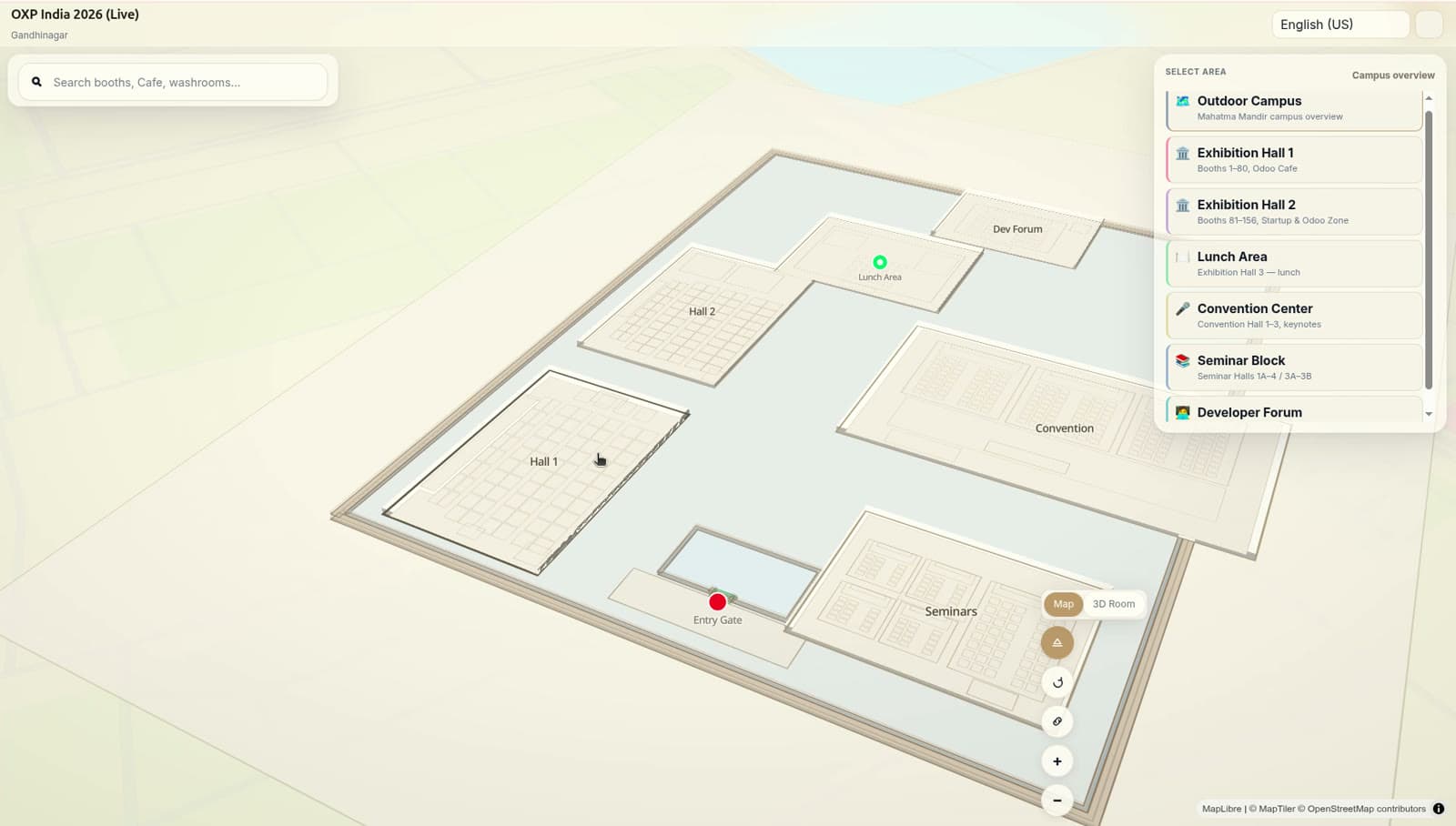 Mapnyx Navigator showing a 3D expo campus overview: two exhibition halls, convention center and seminar block, with an area selector listing each building.