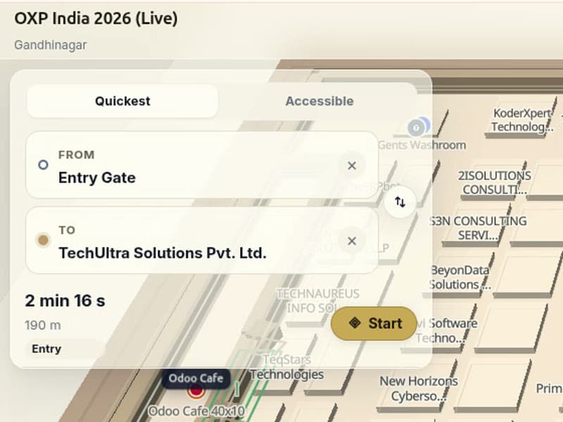 Directions panel: from Entry Gate to a booth, 2 min 16 s and 190 m, with Quickest and Accessible tabs and a Start button.