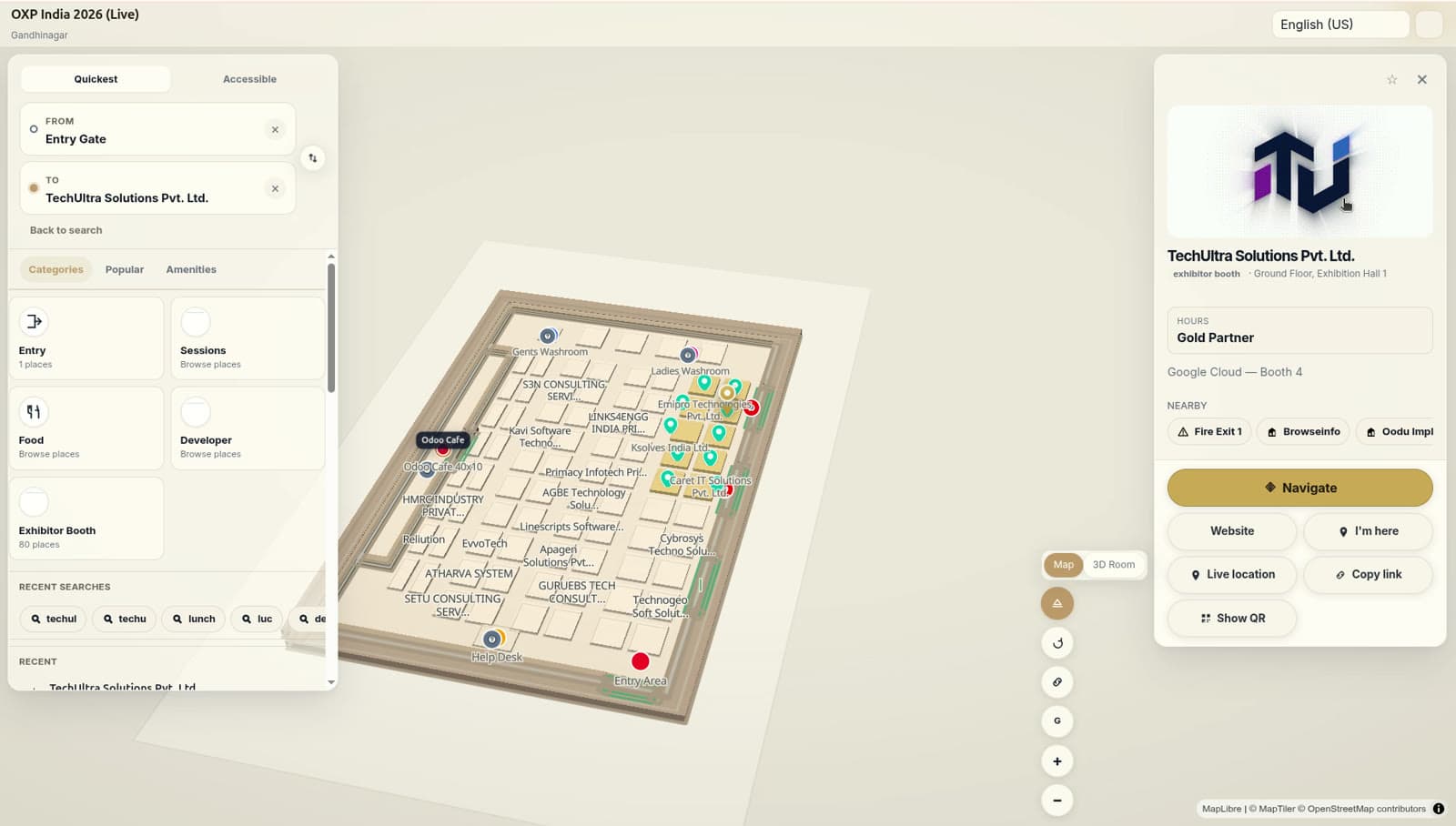 Navigator area selector listing featured places: developer forum, entry gate, lunch area, sponsor booths and seminar halls.