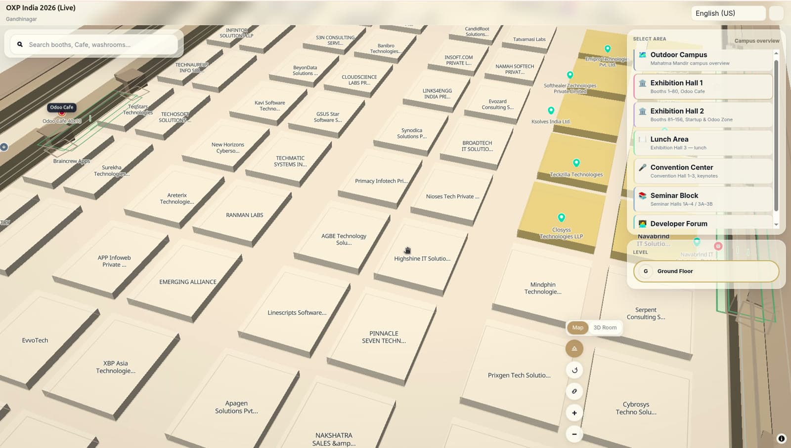 Mapnyx Navigator zoomed into an exhibition hall in 3D, every booth labelled with its exhibitor name and partner-tier colour.