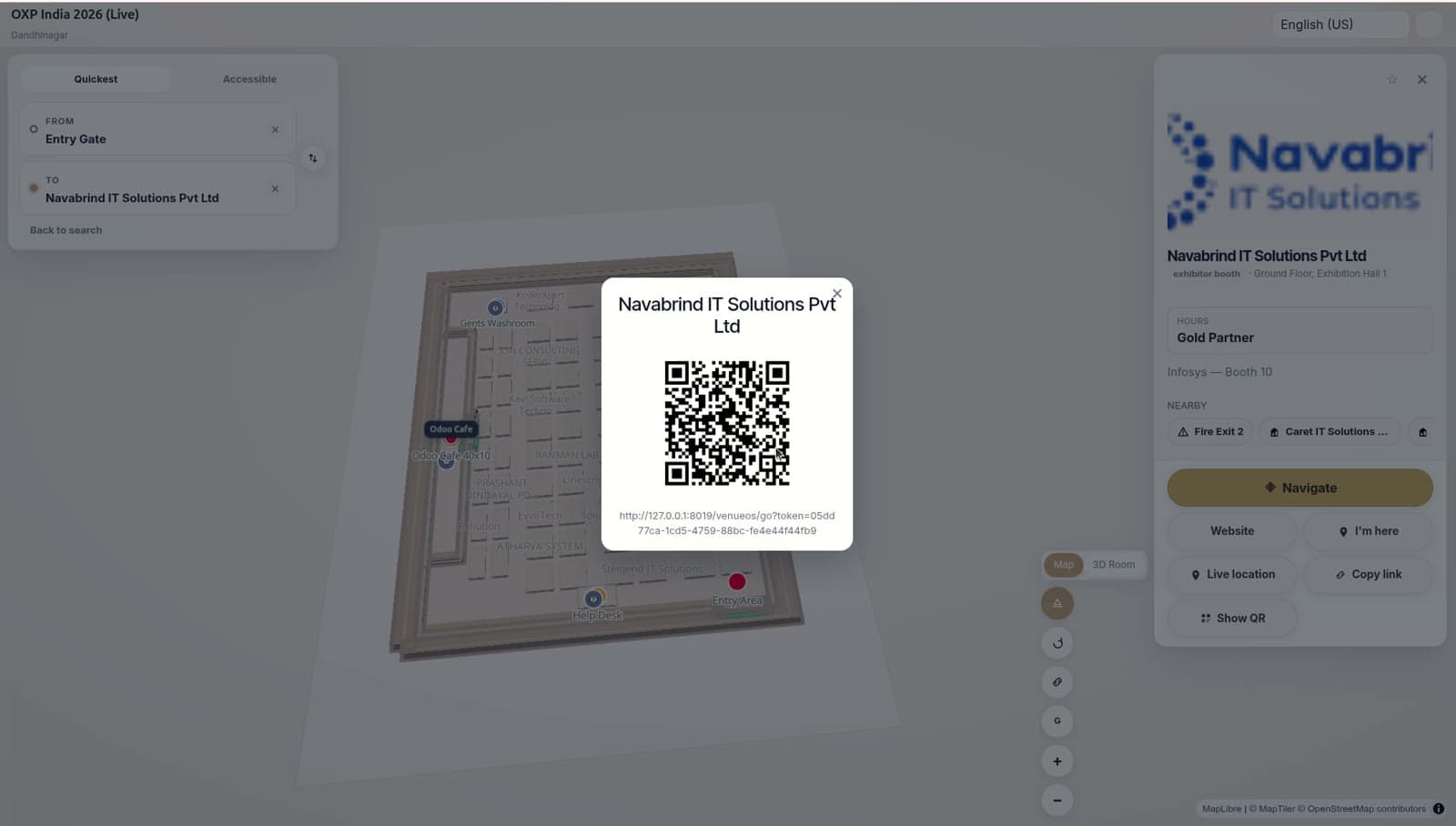 Navigator showing a QR code modal for a booth so a visitor can carry the place and route to their own phone.