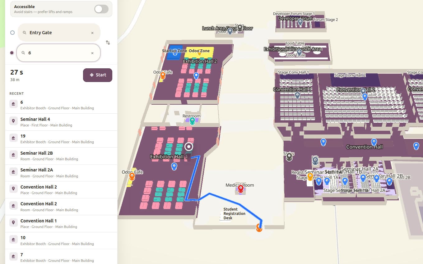 The Mapnyx navigator drawing a route across an exhibition campus: a blue path runs from a pin at the entry, past the student registration desk and into Exhibition Hall 1. The directions panel beside it reads Entry Gate to booth 6, 27 seconds and 38 metres, with a Start button and an Accessible toggle that avoids stairs in favour of lifts and ramps.