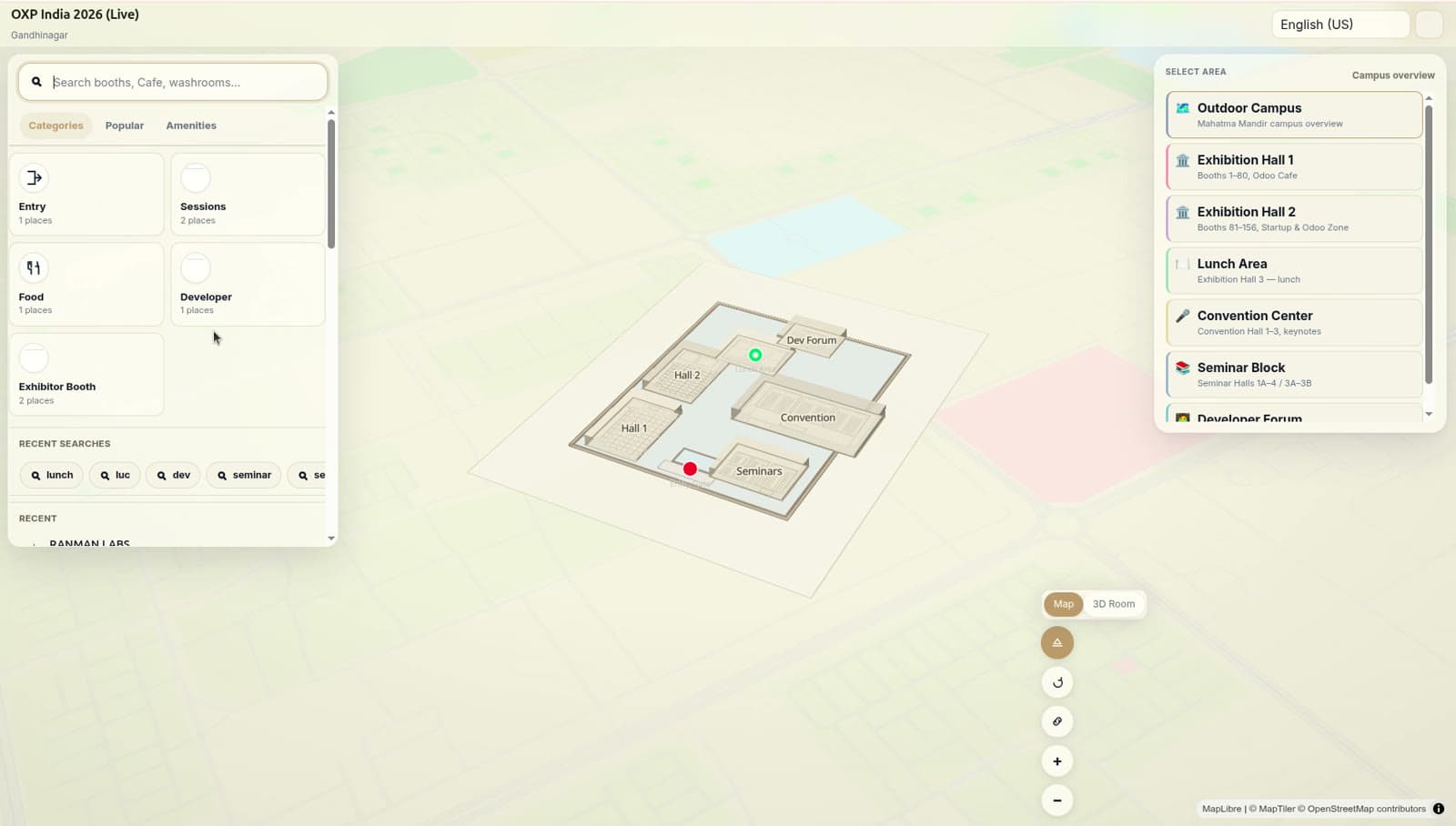 Navigator campus view with the search panel open, listing place categories and recent searches beside the 3D campus.