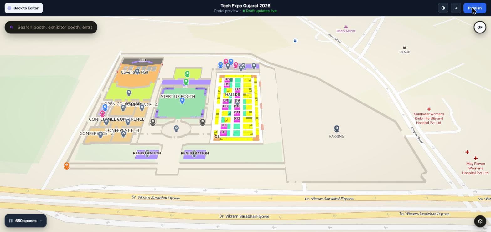 The Mapnyx visitor portal in preview: a search field for booths and entrances, numbered exhibitor stands laid out in the hall, conference rooms, a start-up booth, registration desks and parking, a floor switcher, and a count of the places on the floor.
