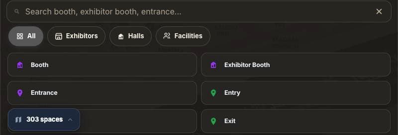 The Mapnyx visitor portal: a search field over the venue with All, Exhibitors, Halls and Facilities filters, and place types listed beneath.