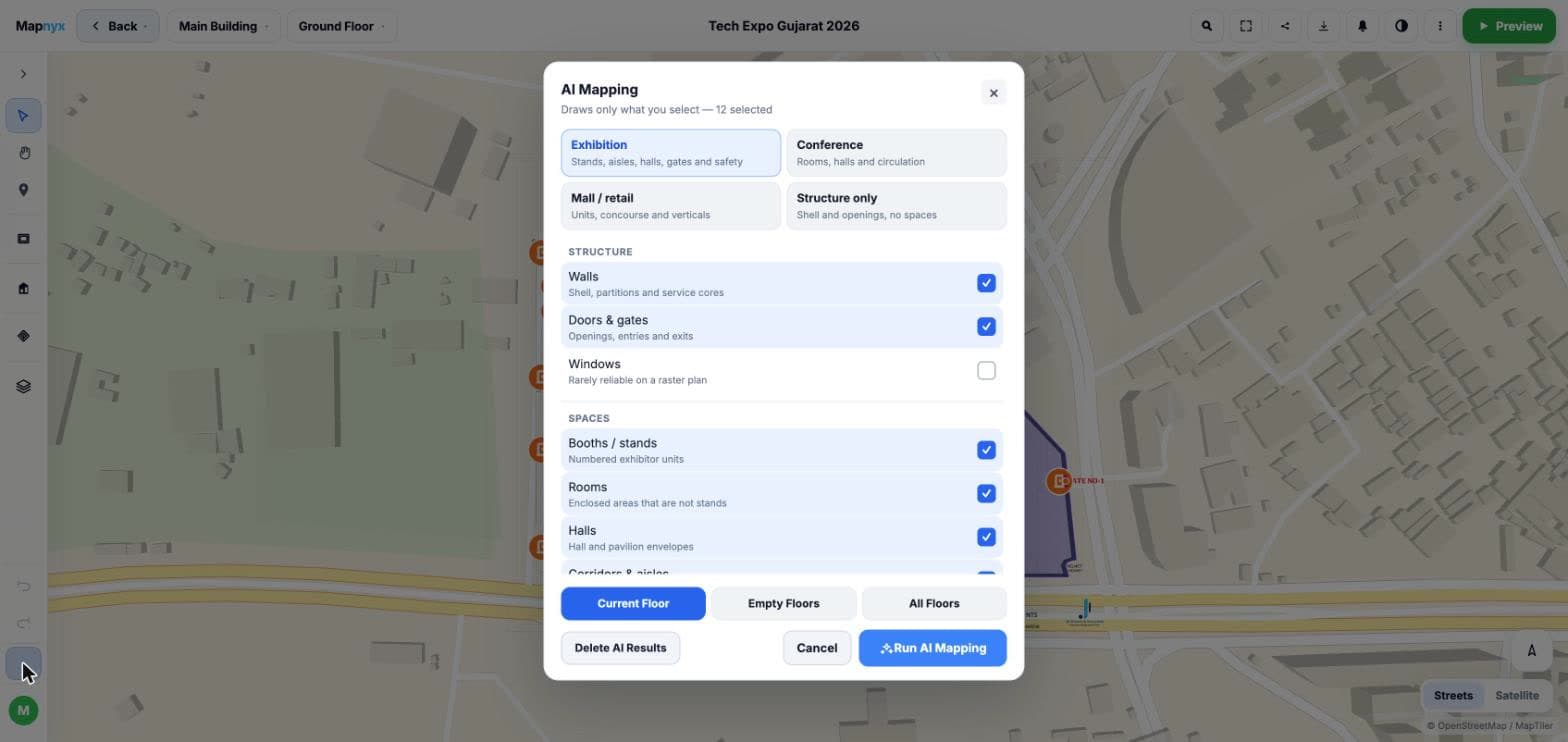 The AI Mapping dialog: venue presets for exhibition, conference, mall or structure-only, then checkboxes for walls, doors and gates, windows, booths, rooms, halls and corridors, with buttons to run on the current floor, the empty floors or all floors, and to delete previous AI results.
