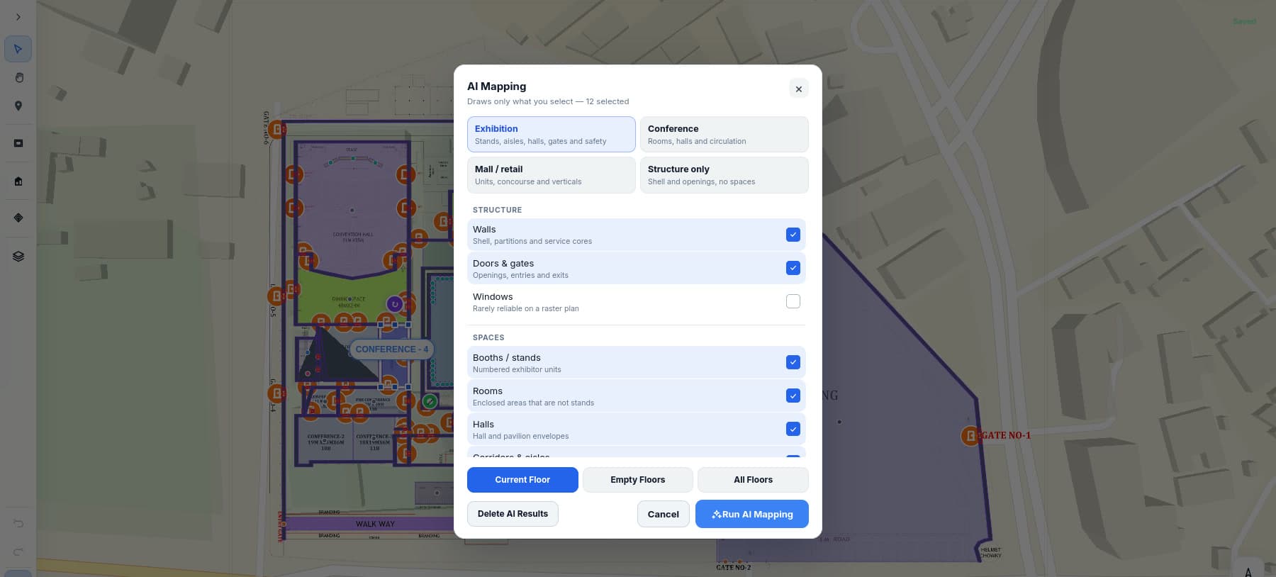 The AI Mapping dialog in Mapnyx Studio: venue presets for exhibition, conference, mall and structure-only, with checkboxes for walls, doors and gates, windows, booths, rooms and halls, and buttons to run it on the current floor, empty floors or all floors.
