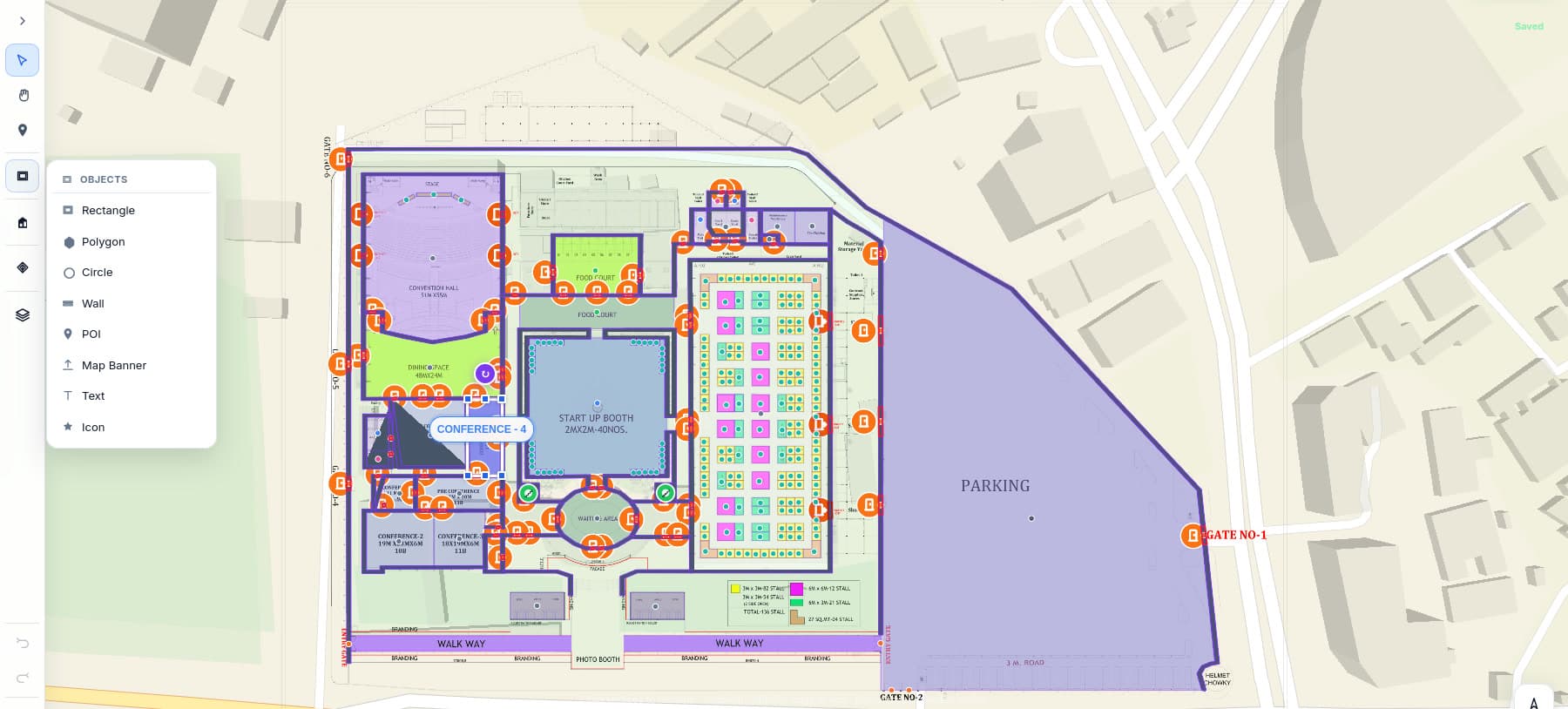 The Mapnyx Studio editor over a real exhibition site, with booth polygons, hall outlines and gate markers drawn on the plan and the objects palette open — rectangle, polygon, circle, wall, POI, map banner, text and icon.