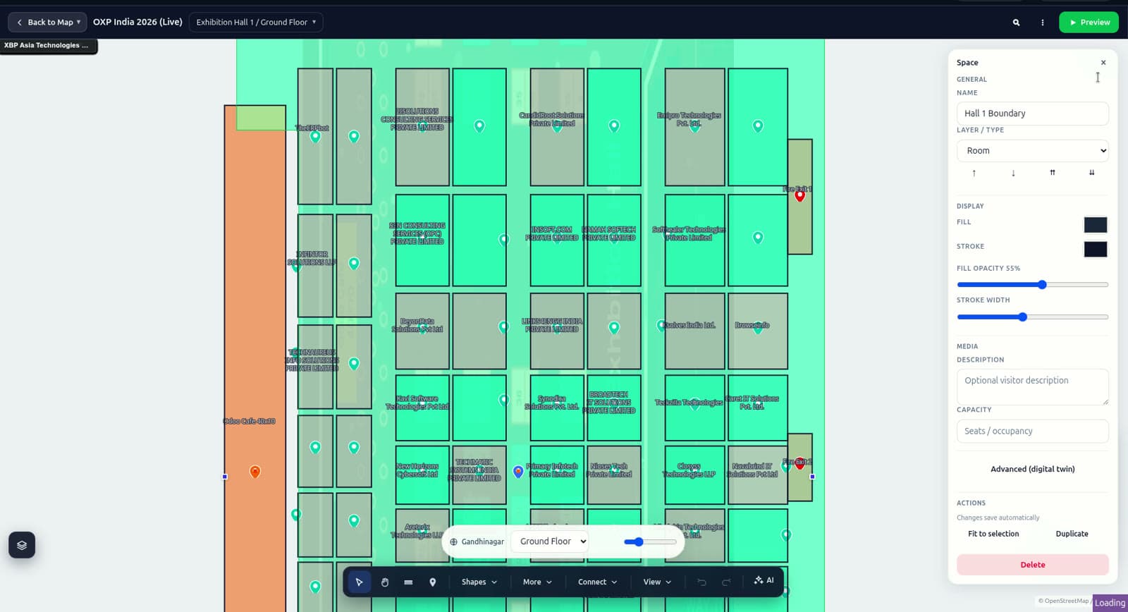 Mapnyx Studio with a booth selected and its properties panel open — name, boundary, colour, category and external reference.