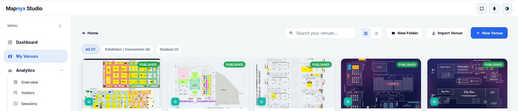 The Mapnyx Studio venue list: a sidebar with Dashboard, My Venues and Analytics, a venue search field, filters for exhibition and stadium venues, and a row of published floor-plan thumbnails.