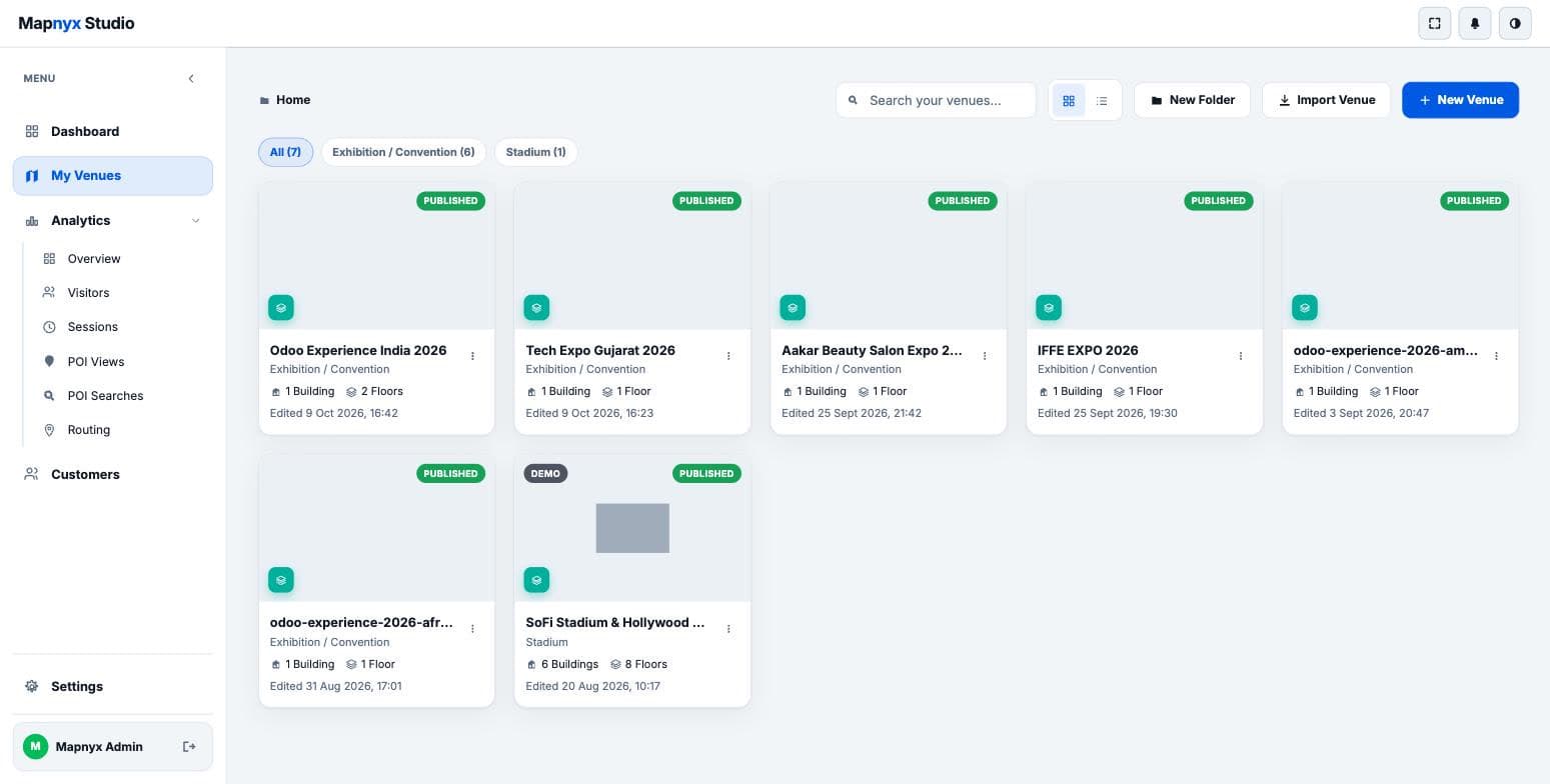 The Mapnyx Studio venue list: a search field, folders, an import action, filters by venue type, and cards for each venue showing its floor-plan thumbnail, published or demo state, building and floor counts and when it was last edited.