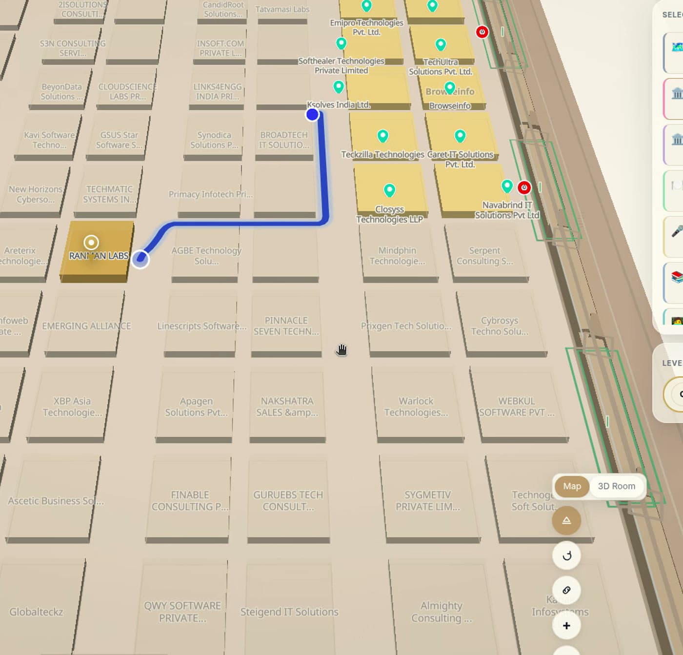 Mapnyx Navigator with a blue dot walking a route between booths in the exhibition hall, live position updating along the way.