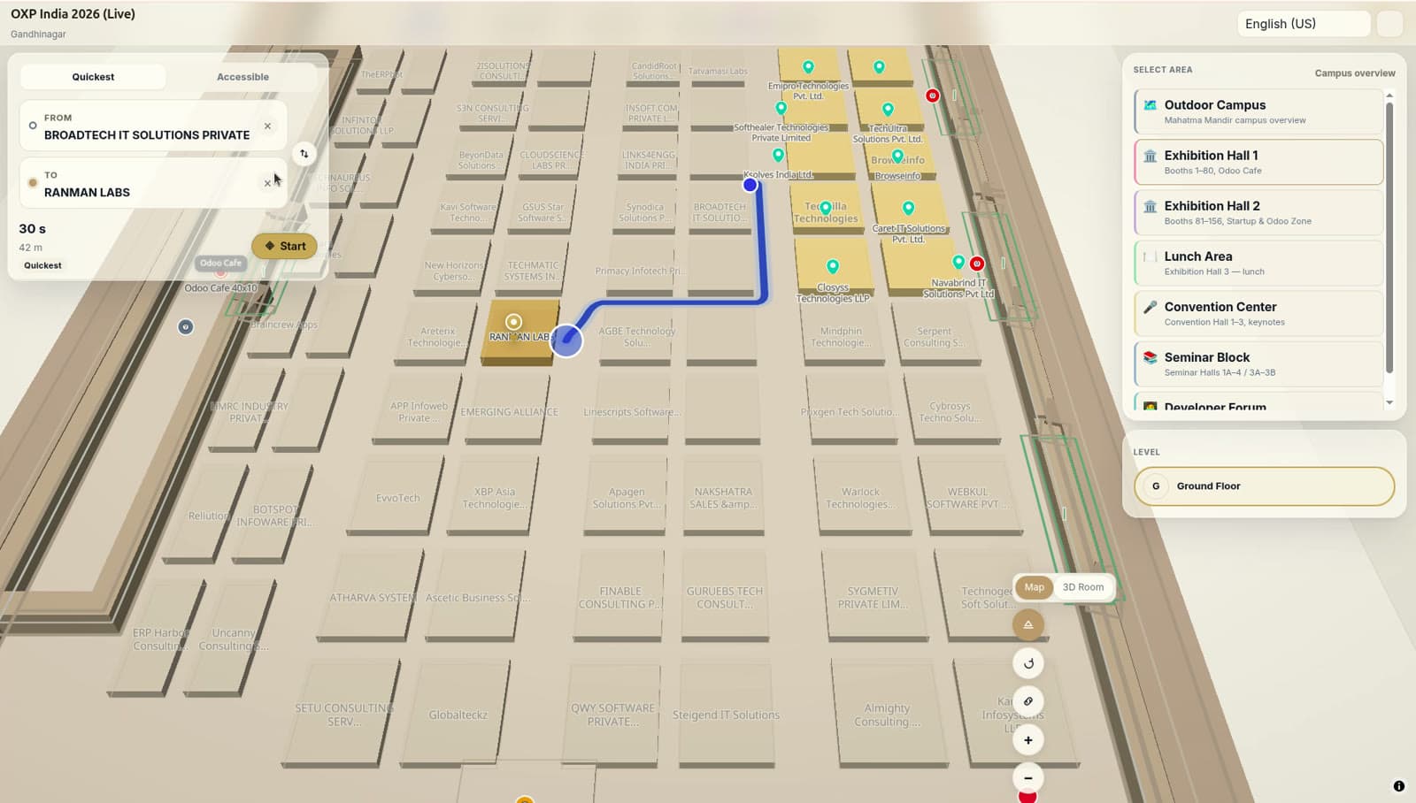 Mapnyx Navigator drawing a turn-by-turn route between two booths across the hall, with quickest and accessible options.